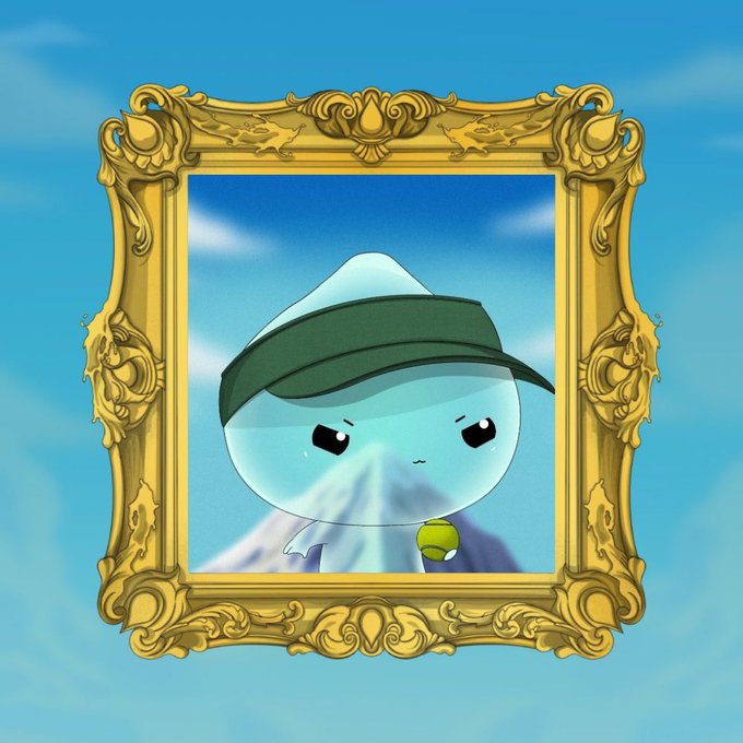 An illustration of a transparent, blob-like anime character wearing a green visor and holding a tennis ball, framed within an ornate gold picture frame against a blue sky and Mount Fuji background.