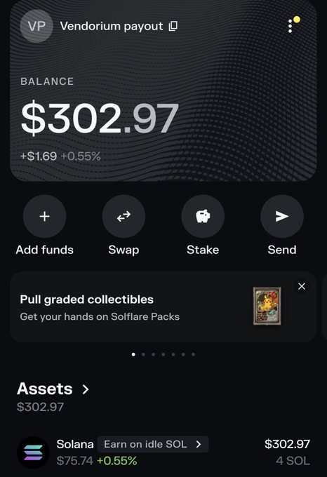 A mobile crypto wallet interface showing a balance of $302.97 for 'Vendorium payout,' with options to Add funds, Swap, Stake, and Send, and assets held in Solana (4 SOL).