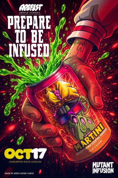 A promotional poster for 'Apesfest' event on October 17 in Charleston, South Carolina, featuring a graphic of a hand holding a glowing 'Mutant Martini' energy drink can with the slogan 'Prepare to be Infused'.