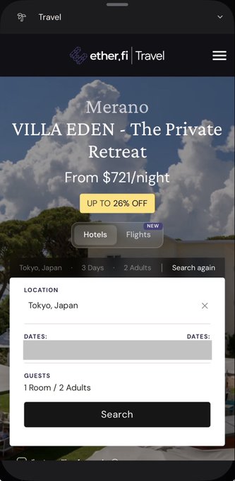 A mobile screenshot of the ether.fi Travel portal showing a featured hotel deal for "VILLA EDEN - The Private Retreat" in Merano from $721/night with up to 26% off, alongside a search interface set for Tokyo, Japan with 3 Days and 2 Adults—visually reinforcing the post's claim about discounted hotel deals available through the platform.