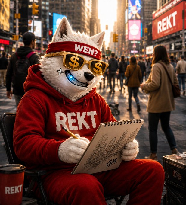 An anthropomorphic white wolf wearing a red "REKT" hoodie, dollar-sign sunglasses, and a "WEN?" headband sits in a busy Times Square setting, sketching in a notebook. The scene ties to the post's "Art or Skrilla" theme by blending artistic creation with crypto culture references like "$OG" and "REKT."