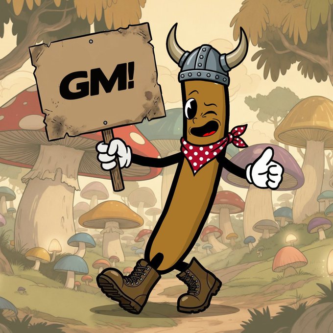 A cartoon sausage character wearing a Viking helmet, red polka-dot bandana, and boots gives a thumbs-up while holding a sign reading "GM!" in a whimsical mushroom forest. The "GM!" text and playful design align with the post's promotion of an NFT project, emphasizing the meme-ready, recognizable character art that distinguishes it from typical launches.