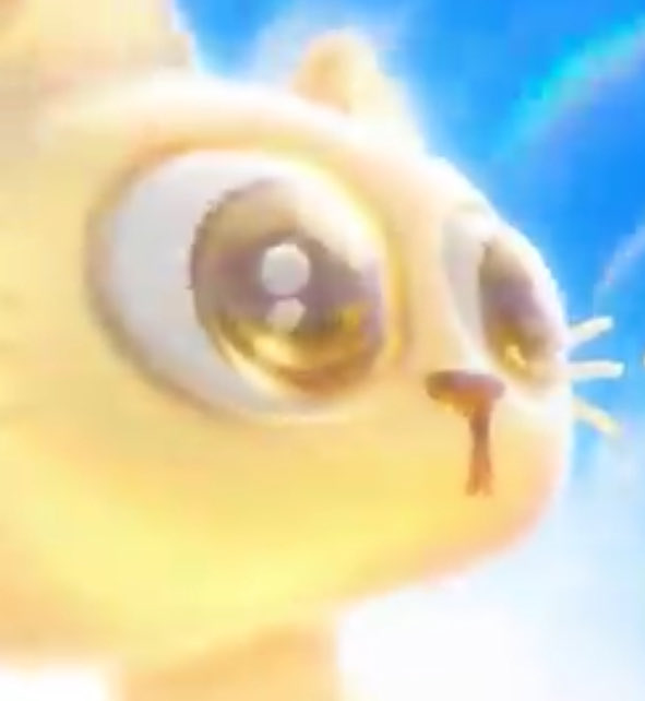 Close-up of an animated yellow cartoon cat with oversized eyes gazing upward against a bright blue sky background.