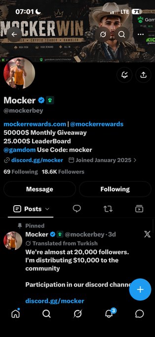 A Twitter/X profile page for @mockerbey (Mocker) showing a banner with 'MOCKERWIN', 18.6K followers, and a pinned tweet about distributing $10,000 to the community via their Discord channel.