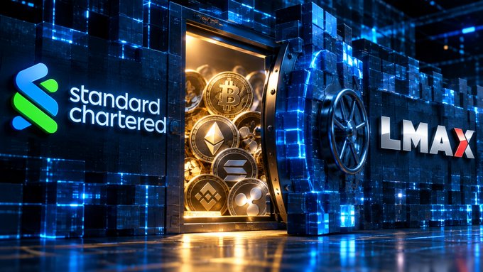 A digital illustration of an open digital vault filled with cryptocurrency coins including Bitcoin, Ethereum, and Solana, flanked by the logos of "Standard Chartered" on the left and "LMAX" on the right, set against a futuristic blue technological background.