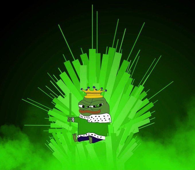 A cartoon Pepe the Frog wearing a gold crown and ermine-trimmed robe, holding a sword against a green futuristic city background.