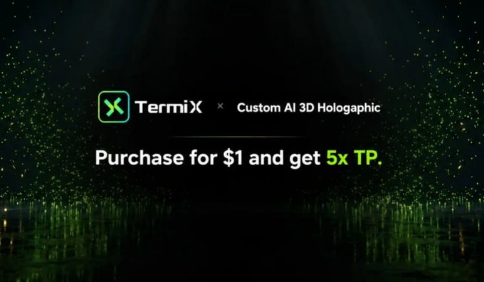 A promotional graphic for TermiX advertising a Custom AI 3D Holographic feature, with the text 'Purchase for $1 and get 5x TP' against a green particle background.