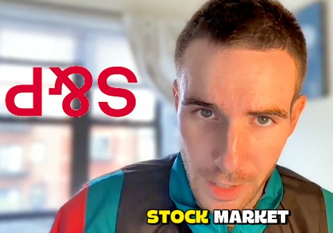 A thumbnail-style image showing a young man in a teal shirt looking at the camera, with upside-down 'S&P' text in red and 'STOCK MARKET' caption in yellow.