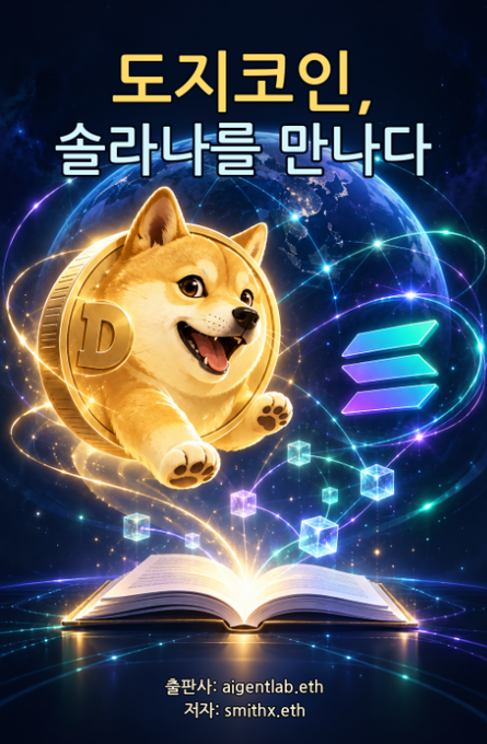 A vibrant cryptocurrency-themed poster in Korean featuring a Shiba Inu Dogecoin, with text translating to 'Dogecoin, meet Solana' and crediting aigentlab.eth as writer and smithx.eth as author.