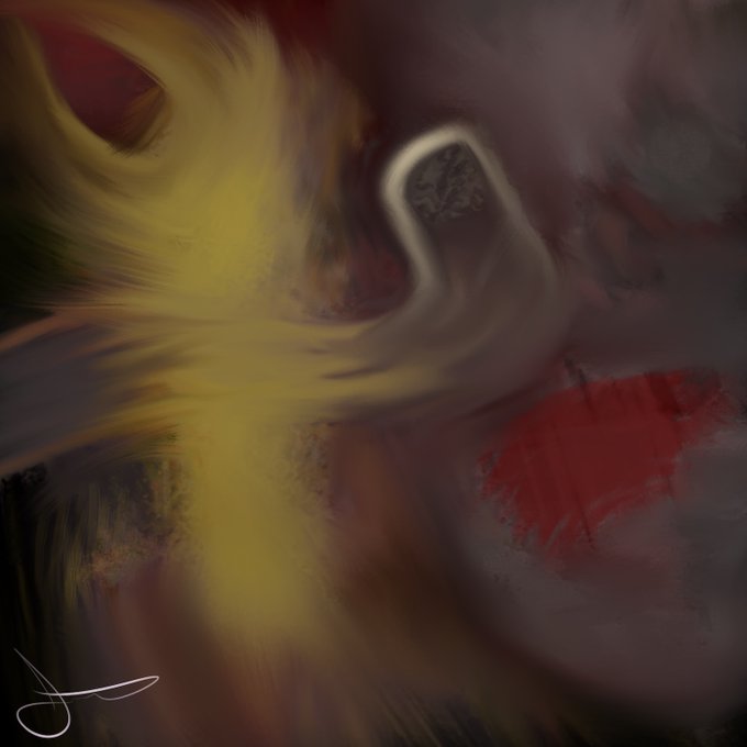 An abstract digital painting with bold yellow, black, red, and purple brushstrokes featuring a signature in the bottom left corner.