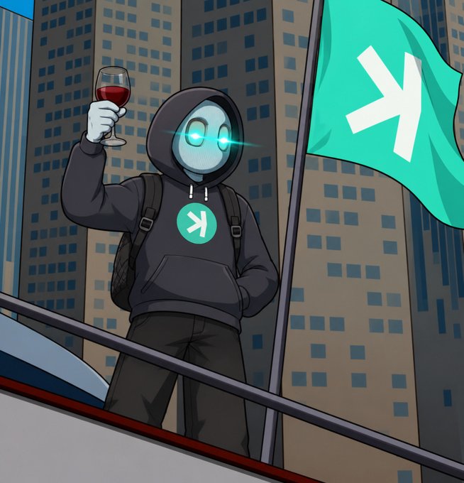 A hooded figure with glowing teal eyes holds up a glass of red wine on a rooftop overlooking a city, wearing a black hoodie featuring the white "K" Kaspa logo, while a large teal flag with the same Kaspa symbol waves beside them—visually celebrating the $KAS pump and the loyal community referenced in the post.