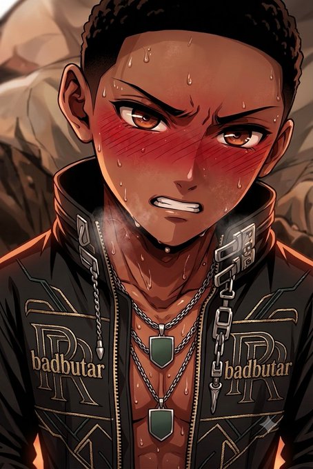 An anime-style illustration of a sweating, blushing young man in a black leather jacket with 'badbutar' text and dog tag necklaces.