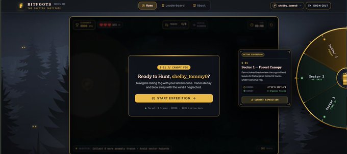 A screenshot from the BITBOOTS game interface shows an expedition menu with text reading 'Ready to Hunt, shelby, tommy-0?' and instructions for an 'EXPEDITION 1' at 'Forest Canopy'.