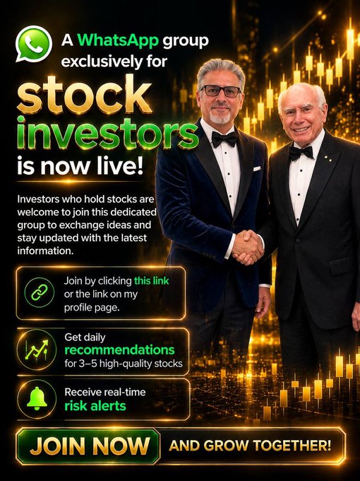Promotional advertisement for a WhatsApp group for stock investors, featuring two men in tuxedos shaking hands, with text including 'A WhatsApp group exclusively for stock investors is now live!' and 'JOIN NOW AND GROW TOGETHER!'.