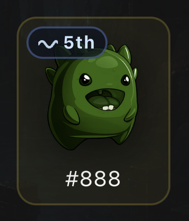 An illustration of a cute green monster-like character with large eyes and an open smile, labeled '~ 5th' and '#888' on a dark background.