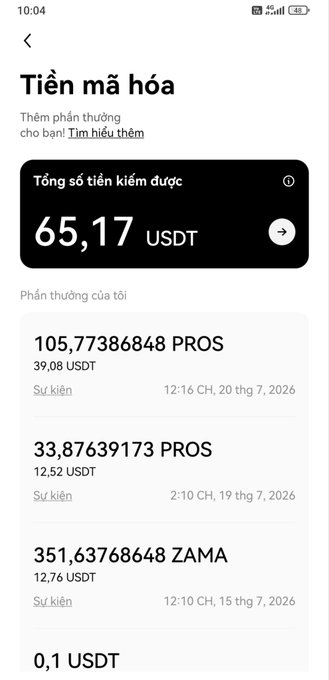 The image shows a Vietnamese-language crypto rewards screen from OKX displaying a total earned amount of 65.17 USDT, with individual event rewards listed for PROS (39.08 USDT, 12.52 USDT) and ZAMA (12.76 USDT) tokens received throughout July 2026.

The screenshot supports the post's claim about claiming free airdrops from OKX events, showing the user's accumulated rewards across multiple crypto tokens from recent promotional events.