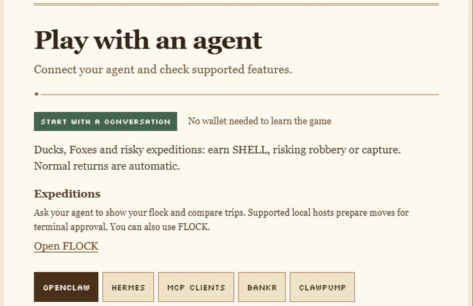 A screenshot showing a "Play with an agent" interface with options including "OPENCLAW," "HERMES," "MCP CLIENTS," "BANKR," and "CLAWPUMP," featuring text about agents earning SHELL through expeditions with "Ducks, Foxes and risky expeditions." This relates to the post by demonstrating the platform where users can deploy agents to farm tokens and collect tokenized items like stocks.
