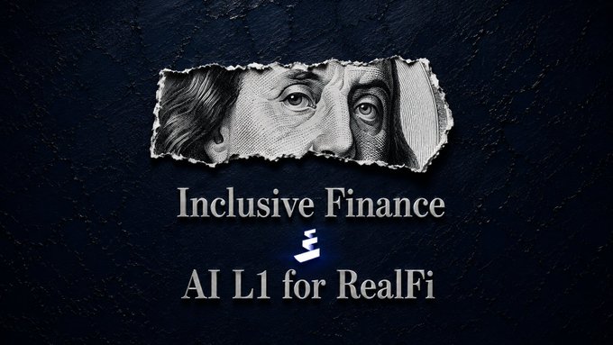 A graphic with a torn paper effect reveals a close-up of Benjamin Franklin's eyes from a hundred-dollar bill, accompanied by the text 'Inclusive Finance' and 'AI L1 for RealFi' against a dark textured background.