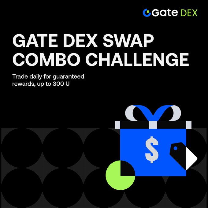 The image is a promotional banner for the "Gate DEX Swap Combo Challenge," featuring the Gate DEX logo and a gift box graphic with a dollar sign, advertising guaranteed rewards of up to 300 USDT for daily trading between July 28 and August 18, 2026.