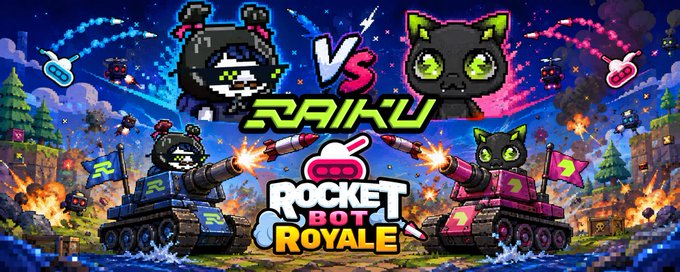 A pixel art promotional graphic for the video game 'ROCKET BOT ROYALE' features opposing tank characters and the text 'RAIKU VS'.