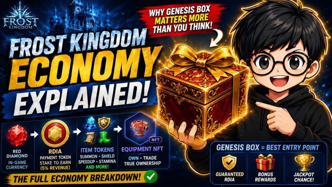 A YouTube thumbnail titled 'FROST KINGDOM ECONOMY EXPLAINED!' featuring an anime-style character pointing at a golden gift box, with text explaining 'GENESIS BOX = BEST ENTRY POINT' and showing various in-game tokens and NFTs.