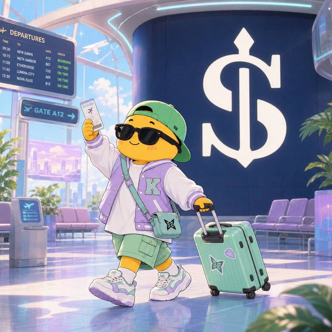 A cartoon duck wearing sunglasses, a green cap, and a purple varsity jacket with "K" holds a boarding pass and suitcase in an airport terminal with a large anchor logo on the wall.