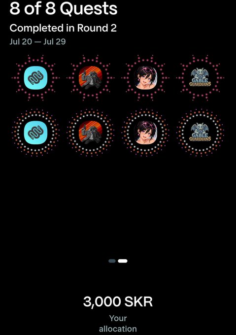A completion screen shows '8 of 8 Quests Completed in Round 2' from Jul 20 - Jul 29, displaying circular achievement badges and a '3,000 SKR Your allocation' reward.