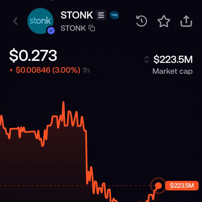 The image shows a 1-hour price chart for the token $STONK, currently trading at $0.273 with a market cap of $223.5M and a 3.00% decline. It relates to the post by illustrating the volatile price action of the token being hyped, suggesting massive returns for early buyers despite the recent dip shown on the chart.