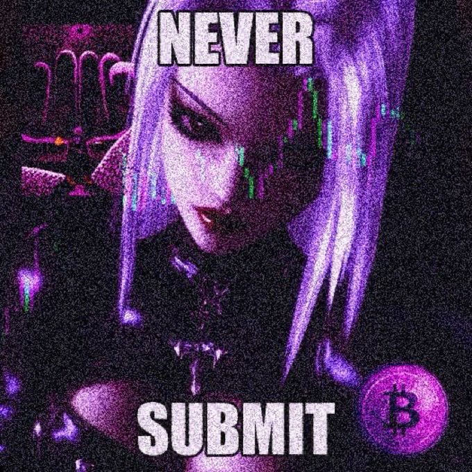 A purple-tinted, glitch-effect graphic featuring a pale-haired anime-style woman with the text "NEVER" at the top and "SUBMIT" at the bottom, alongside a Bitcoin symbol.