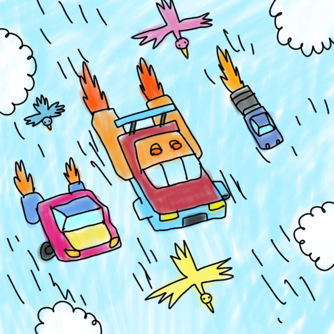A whimsical, childlike drawing depicts cartoon cars with rocket boosters flying through a blue sky filled with clouds and colorful birds, used as a playful giveaway graphic for the "40 gtd spots" promotion encouraging retweets and follows.