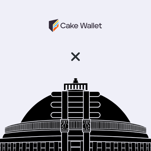 A graphic showing the 'Cake Wallet' logo at the top with a downward arrow 'x' pointing to a black silhouette of a domed government building below.