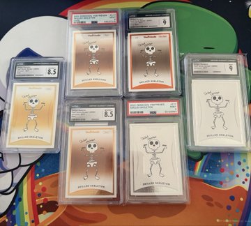 A collection of graded "Skilled Skeleton" cards from the series "YourFriends" is shown, with various condition scores including 8.5 and 9. The assortment of slabbed cards is being offered for sale, directly corresponding to the post's "cleaning out the collection" caption.