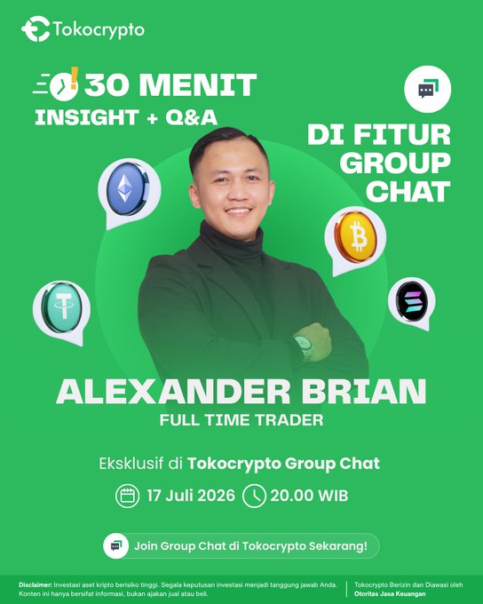 A Tokocrypto promotional graphic featuring trader Alexander Brian, advertising a "30 MENIT INSIGHT + Q&A" session on July 17, 2026 at 20:00 WIB, exclusively in the Tokocrypto Group Chat, with Bitcoin, Ethereum, Tether, and Solana icons displayed around him.