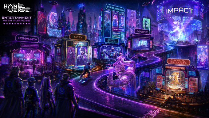 The image features a futuristic cityscape with neon lights, buildings, and people walking around. The city appears to be a hub for entertainment and technology, as indicated by the presence of billboards advertising various businesses such as "Hamieverse" and "Transmission intercepted". The main focus is on the road that runs through the center of the scene, which seems to lead towards an unseen destination or event. The image also includes text elements related to the post, such as "Hamieverse", "Transmission intercepted", "The roadmap blue print has been successfully extracted away from the grid" and "Focus on what is in the image and how it relates to the post".