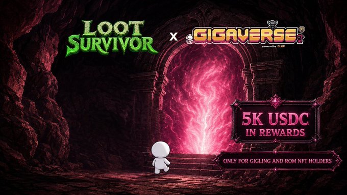 Promotional graphic for 'LOOT SURVIVOR x GIGAVERSE' featuring a glowing pink portal and offering '5K USDC IN REWARDS' only for GIGLING and ROM NFT holders.