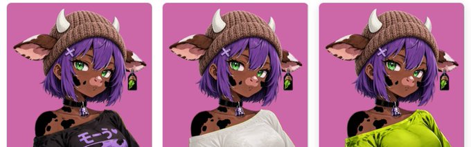 A triptych preview of an anime-style cow character with purple hair and a horned beanie, showcasing three outfit variations—black shirt with "エラ" text, white top, and neon green top—appearing to be a sneak peek of an NFT collection honoring the "Robin Wif Hat" crypto project.