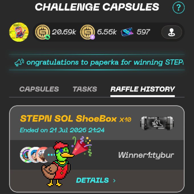 A STEPN app screenshot showing 'CHALLENGE CAPSULES' with a raffle history entry for 'STEPN SOL ShoeBox x10' with winner '1:tybur' and currency balances of 20.69k and 6.56k.