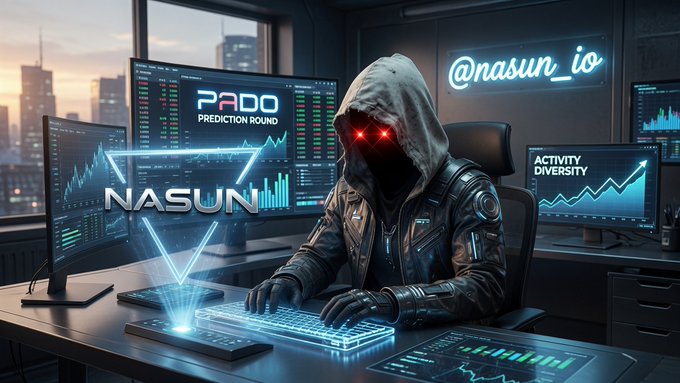 A cyberpunk-style image featuring a hooded figure with glowing red eyes at a desk surrounded by multiple monitors displaying financial charts and data, with neon text overlays including 'NASUN', 'PADO PREDICTION ROUND', and '@nasun_io'.