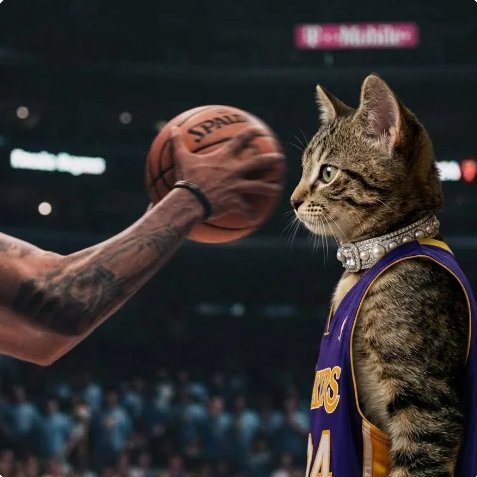 A digitally edited image shows a tabby cat wearing a purple Los Angeles Lakers jersey with pearls, standing on a basketball court next to a player holding a basketball.