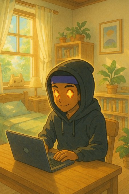 An anime-style illustration of a smiling character with glowing yellow star-shaped eyes wearing a dark hoodie, sitting at a wooden desk with a laptop in a cozy, sunlit room.