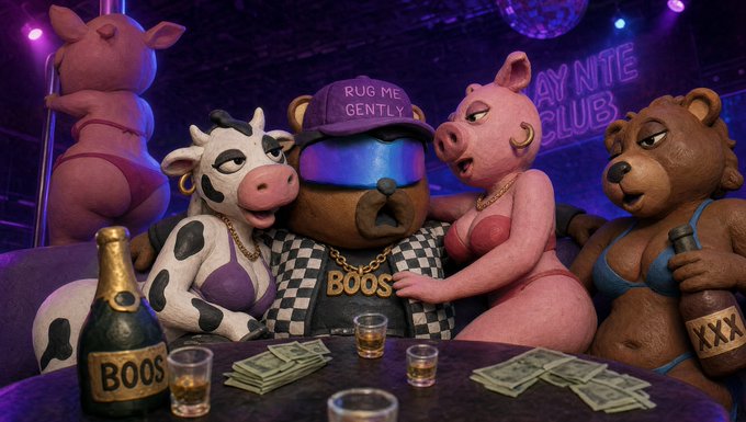 A 3D rendered scene titled "GAY NITE CLUB" featuring anthropomorphic pig, cow, and bear characters in a club setting, with one pig wearing a "RUG ME GENTLY" cap and "BOOS" branded items around including champagne and money.