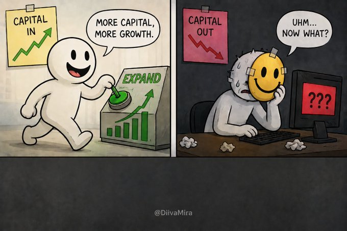 A two-panel cartoon by @DiivaMira comparing 'CAPITAL IN' versus 'CAPITAL OUT'; the left panel shows a happy figure pressing an 'EXPAND' button under a rising chart, while the right panel shows a stressed figure with a smiley face mask staring at a red '???' screen under a falling chart.