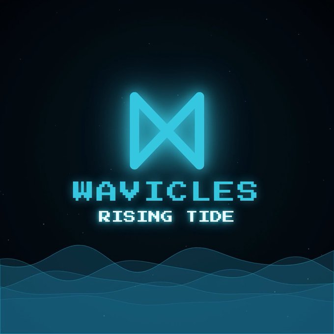 A logo design for 'Wayicles: Rising Tide' featuring a stylized cyan M/W symbol on a dark background with wave illustrations at the bottom.