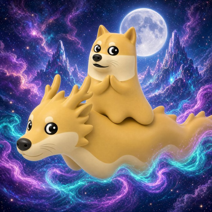 A whimsical 3D-rendered illustration of two cartoonish, dog-like creatures, one riding on the back of the other, flying through a vibrant, swirling galaxy of pink and blue nebulae with a large full moon in the background.