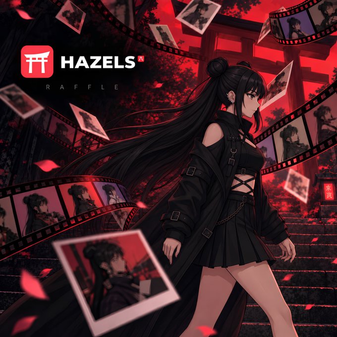 Anime-style promotional art for "HAZELS RAFFLE" featuring a dark-haired woman in gothic attire standing before a red torii gate, surrounded by floating film strips and polaroid frames showing character portraits. The bold red and black aesthetic ties into the post's mention of the Hazels NFT collaboration, visually emphasizing the "ownership becomes access" branding.