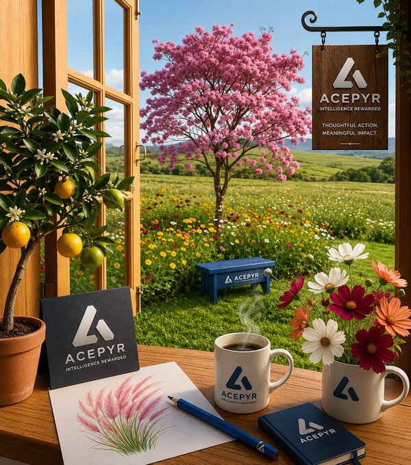 A promotional lifestyle scene for 'ACEPYR' (Intelligence Rewarded) featuring branded merchandise including a wooden sign, notebook, coffee mug, and gift boxes arranged on a windowsill overlooking a meadow with a pink-blossomed tree.