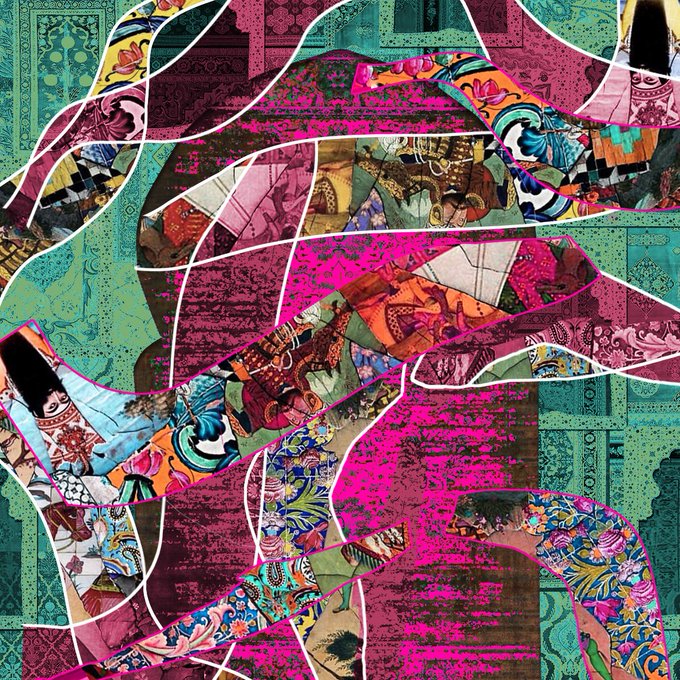 A vibrant, chaotic abstract digital collage features swirling pink, teal, and brown patterns interspersed with fragments of Persian/Middle Eastern art, figures, and floral motifs.