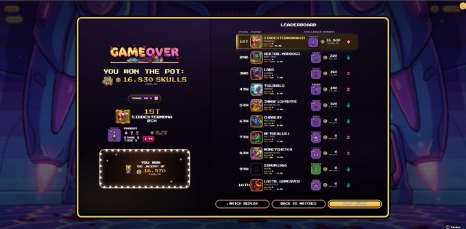 In the image, there's a computer screen displaying a game over screen with a list of scores for various games. The main focus is on the first game called "Illuvium Deathmatch" which has been hit by @SirDexterMrgn. This indicates that the player has achieved a high score in this game and is likely celebrating their victory.