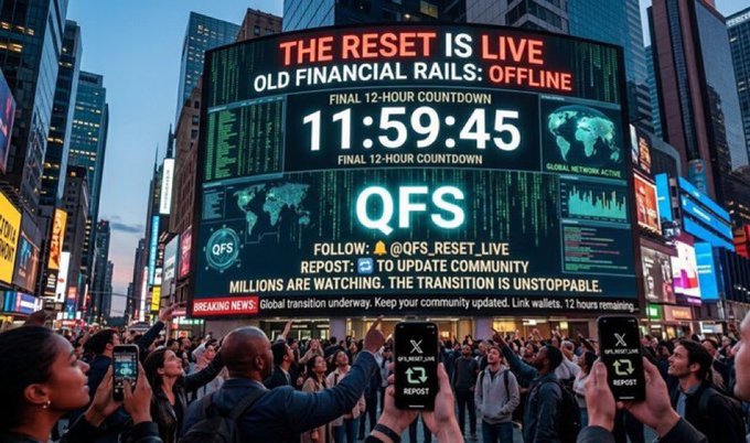 A massive digital billboard in a bustling city square displays a countdown reading "11:59:45" alongside the bold text "THE RESET IS LIVE — OLD FINANCIAL RAILS: OFFLINE" and "QFS," while a crowd films the announcement on their phones under a "BREAKING NEWS" banner about a 12-hour global financial transition. The image visually amplifies the post's urgent "FINAL 12-HOUR WARNING" message of an imminent financial system overhaul.