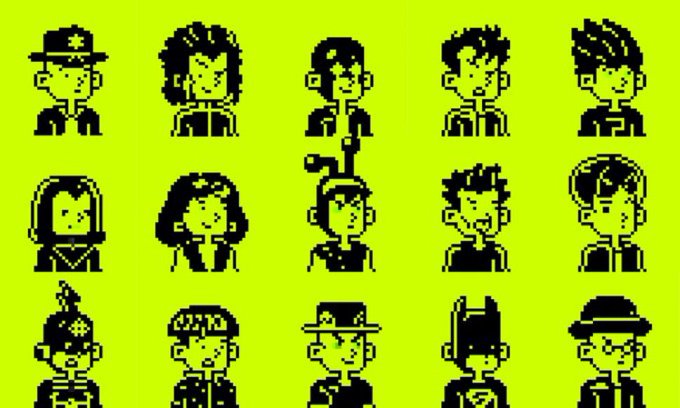 A grid of 15 pixel-art style character sprites featuring various male and female figures with different hairstyles and hats set against a bright yellow-green background.